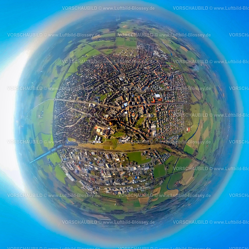 Olfen230290017_Mitte | Luftbild, City, Innenstadtansicht Olfen-Mitte, Erdkugel Fisheye Aufnahme, Fischaugen Aufnahme, 360 Grad Aufnahme, Olfen-Stadt, Olfen, Münsterland, Nordrhein-Westfalen, Deutschland