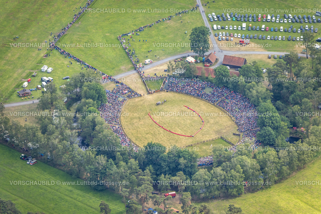 Duelmen220505006MerfelderBruchPferde | Luftbild, Wildpferdefang im Merfelder Bruch bei Dülmen, Arena der Wildpferdebahn, Herzöge von Croÿ Anwesen, Pferdeherde,  Merfeld, Dülmen, Münsterland, Nordrhein-Westfalen, Deutschland