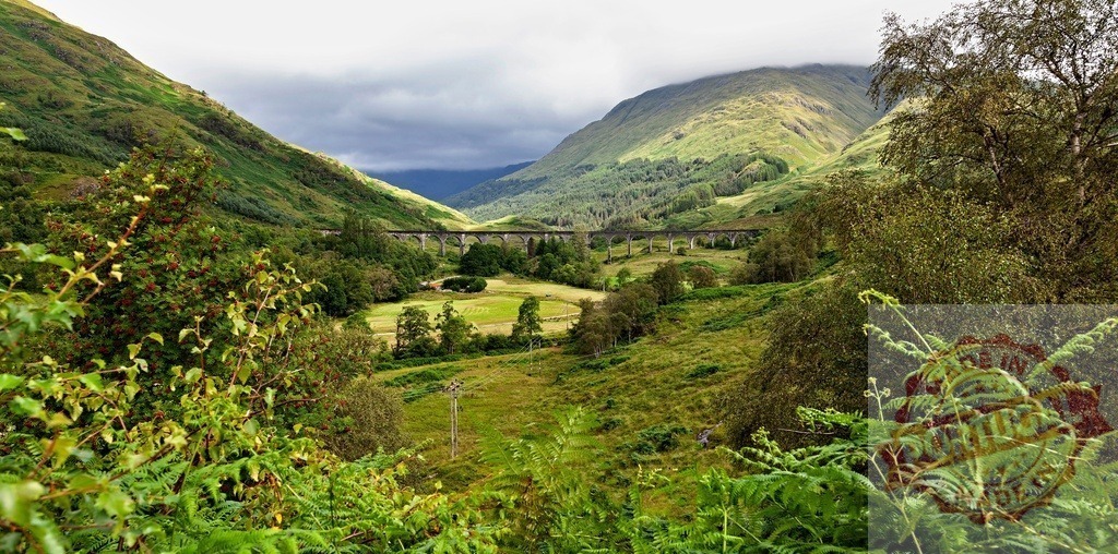 Glenfinnan Viaduct spanning a green highland valley in Scotland | Glenfinnan Viaduct stands in a lush valley with mountains under a cloudy sky - Realized with Pictrs.com