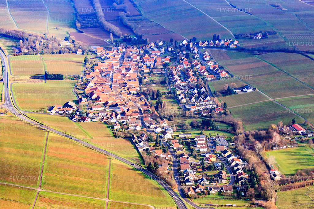 Luftbild: Winzerdorf zwischen kahlen Weinbergen aus Westen im Ortsteil Wollmesheim in Landau im Bundesland Rheinland-Pfalz in Deutschland. Foto: IMG_61306.jpg vom 30.11.2013 durch Werner Riehm/FLY-FOTO.de
