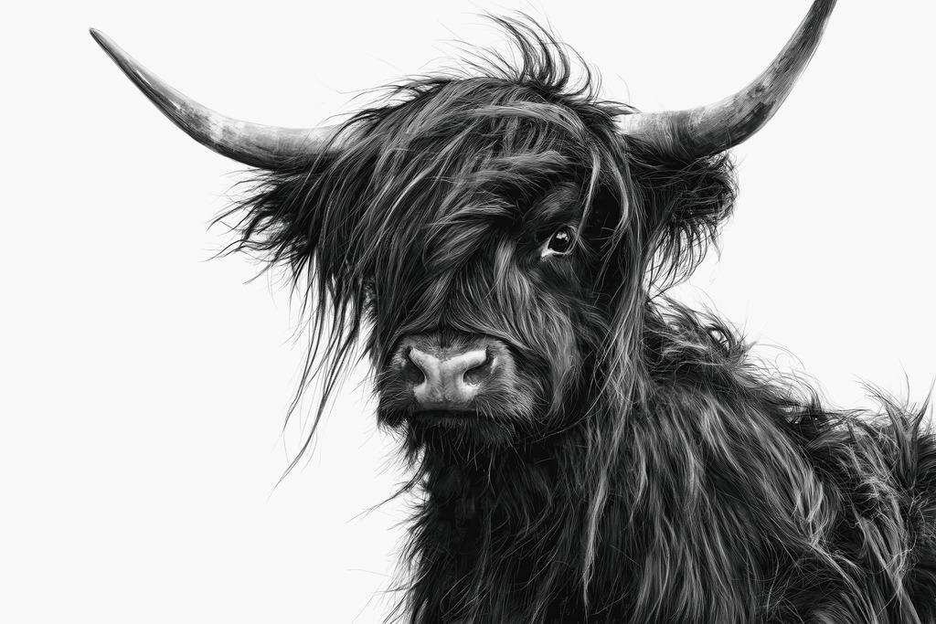 Highland Rind | Mit moderner KI‑generiertes schwarz-weiß Artwork, sorgfältig manuell für den Druck optimiert.