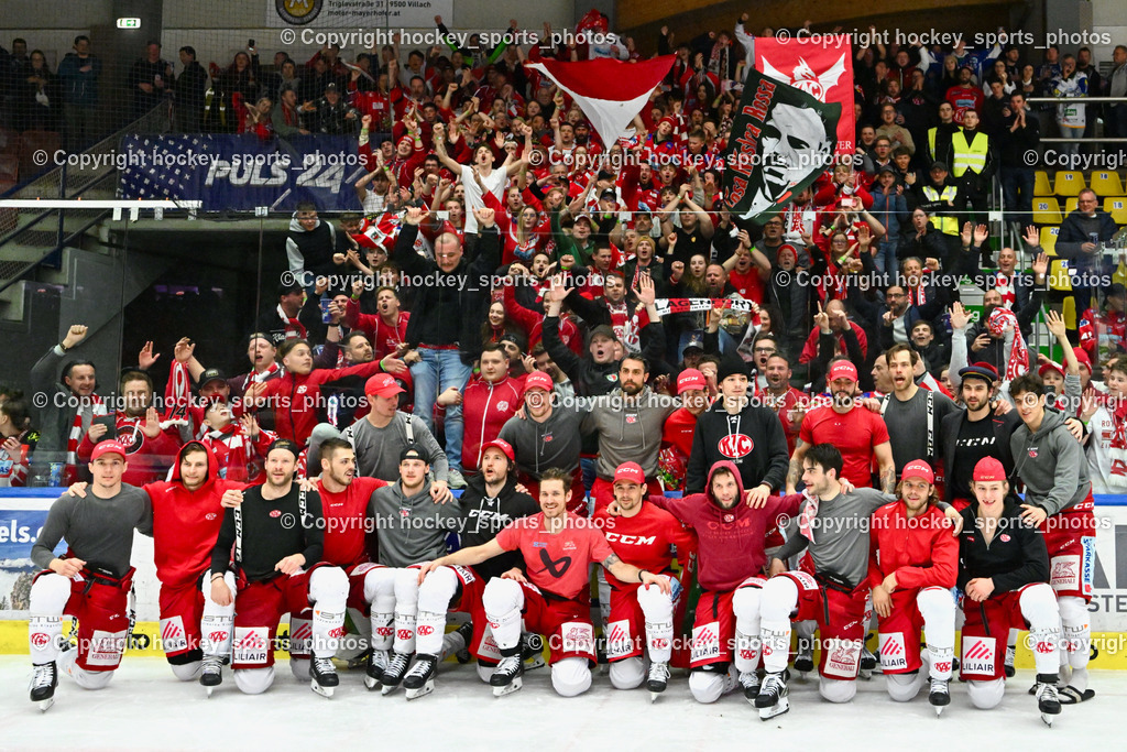 EC IDM Wärmepumpen VSV vs. EC KAC 17.3.2023 | Jubel EC KAC Mannschaft mit EC KAC Fans