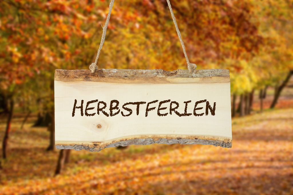 Holzschild mit der Aufschrift HERBSTFERIEN vor einem herbstlich gefärbten Laubwald | Holzschild mit der Aufschrift HERBSTFERIEN vor einem herbstlich gefärbten Laubwald - Realisiert mit Pictrs.com