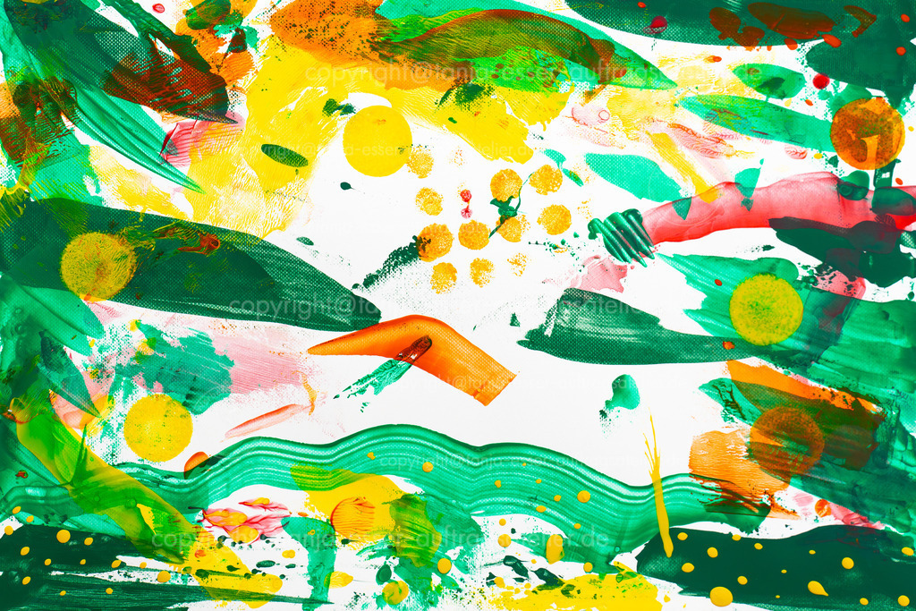 Bunter Hintergrund aus Acrylfarben | Kunstdruck mit kreativer, abstrakter Acrylmalerei. Dynamische Malmesser Striche, Schwamm Abdrucke und farbenfrohe Kleckse in grün, gelb, orange und pink vor texturiertem Hintergrund. Hintergrund für Malschulen, Kunstkurse, kreative Freizeitaktivitäten.