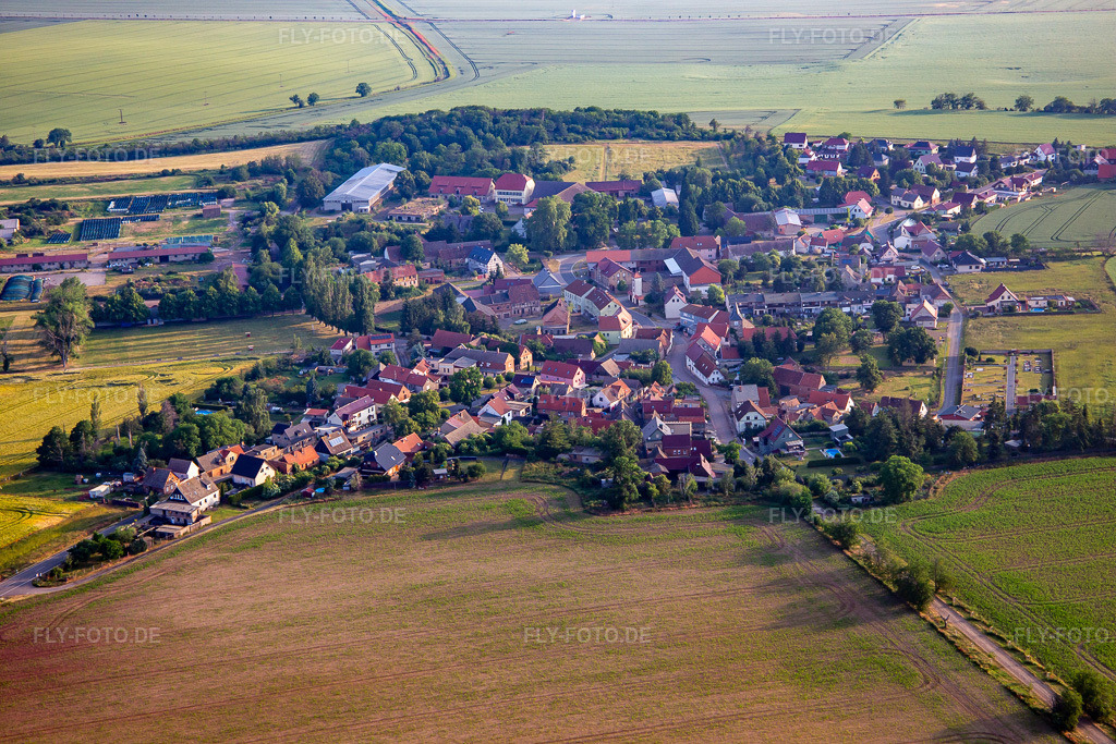 Luftbild: Ortsansicht von Süden im Ortsteil Endorf in Falkenstein im Bundesland Sachsen-Anhalt in Deutschland. Foto: IMG_136492.jpg vom 17.06.2023 durch Werner Riehm/FLY-FOTO.de