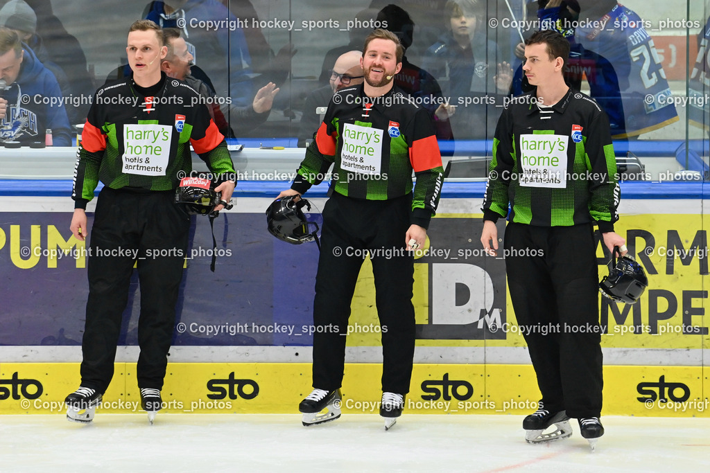 EC VSV vs. HC Bozen 16.2.2024 | Huber Andreas, Nikolic Manuel, Bärnthaler Christoph, Referees, EC VSV vs. HC Bozen 16.2.2024, EC VSV vs. HC Bozen 16.2.2024 am 16.02.2024 in Villach (Stadthalle Villach), Austria, (Photo by Bernd Stefan)