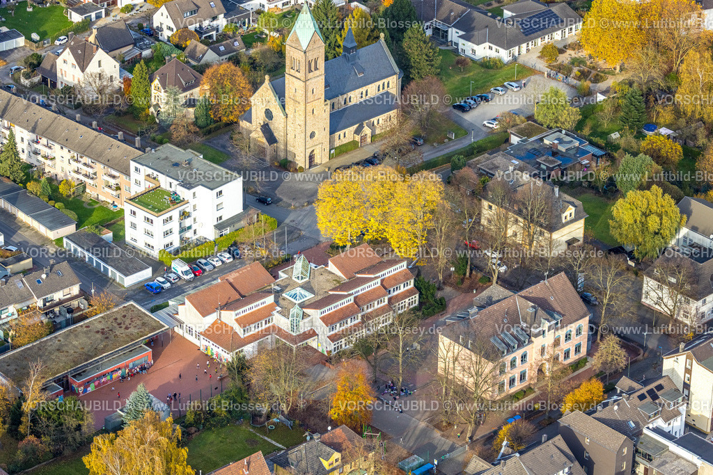 Hagen251102663 | Luftbild, Freiherr-vom-Stein Schule und Liebfrauenschule Städt. Kath. Grundschule, kath. Liebfrauenkirche, herbstliche Bäume, Vorhalle, Hagen, Ruhrgebiet, Nordrhein-Westfalen, Deutschland
