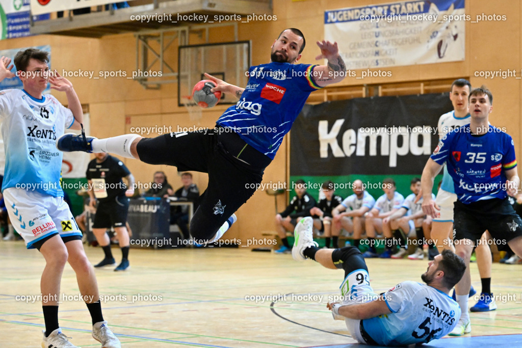 SC Ferlach vs. HSG Bärnbach/Köflach 30.3.2024 | #15 Knez Domen HSG Bärnbach, #81 MILICEVIC Adrian SC Ferlach, #56 Beciri Kristian HSG Bärnbach, #35 JURANIC Jura Egon SC Ferlach, SC Ferlach vs. HSG Bärnbach/Köflach 30.3.2024, SC Ferlach vs. HSG Bärnbach/Köflach am 30.03.2024 in Ferlach (Ballspielhalle Ferlach), Austria, (Photo by Bernd Stefan)