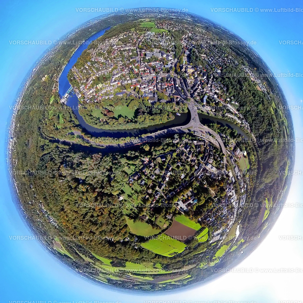 Essen221006_01Werden_Ruhr | Luftbild, Fluss Ruhr durch Essen Werden, Brehminsel und Gustav-Heinemann-Brücke, Baldeneysee Stauwehr, Fisheye Aufnahme, Fischaugen Aufnahme, 360 Grad Aufnahme, Werden, Essen, Ruhrgebiet, Nordrhein-Westfalen, Deutschland