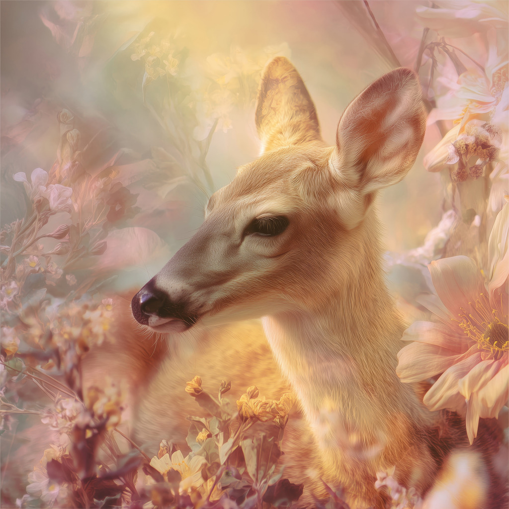 2506003 - Reh zwischen traumhaften Pflanzen | Ein Reh in einer verträumten Kulisse aus Blumen und Pflanzen im Stil einer Fotocollage.  Wähle Format und Ausführung ganz einfach über "Bestellen".