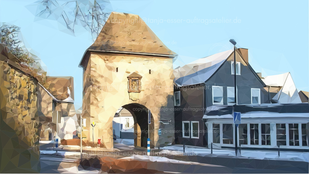 Polygone zeigen das Briloner Derkerer Tor im Winter | Derkerer Tor in Brilon an einem sonnigen Wintertag. Illustration in Low Poly Art. 