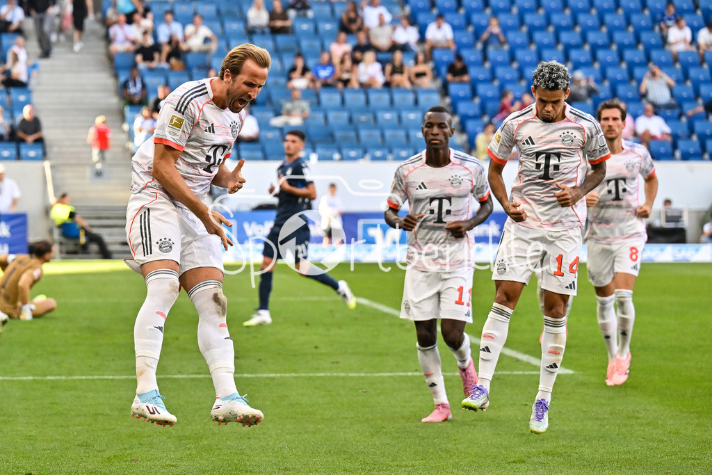 TSG 1899 Hoffenheim - FC Bayern München | Jubel der Bayern nach dem Treffer zum 0-2 durch Harry KANE (FC Bayern Muenchen 9) / Elfmeter / Tor / Torschuetze / Freude / Happy / Bundesliga: TSG 1899 Hoffenheim - FC Bayern München; PreZero-Arena am 20.09.2025 / DFL REGULATIONS PROHIBIT ANY USE OF PHOTOGRAPHS AS IMAGE SEQUENCES AND/OR QUASI-VIDEO