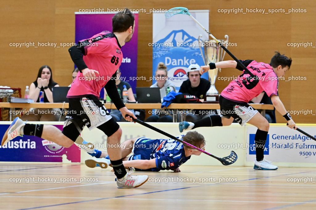 VSV Unihockey vs. Wiener Floorballferein 6.4.2024 | #66 Jakob Rainer VSV Unihockey, #79 Christopher Langer Wiener Floorballverein, VSV Unihockey vs. Wiener Floorballferein 6.4.2024, VSV Unihockey vs. Wiener Floorballferein  am 06.04.2024 in Villach (Ballspielhalle St. Martin), Austria, (Photo by Bernd Stefan)