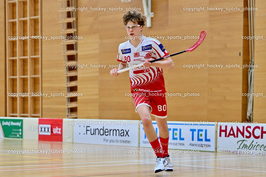 VSV Unihockye vs. KAC Floorball | #80 Lino Roth KAC Floorball, VSV Unihockye vs. KAC Floorball, VSV Unihockye vs. KAC Floorball am 13.04.2025 in Villach (Ballspielhalle St. Martin), Austria, (Photo by Bernd Stefan)
