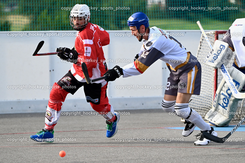 VAS Ballhockey vs. HSC Eagles Poggersdorf | #74 Topelzer Daniel, #12 Duricky Jan, VAS Ballhockey vs. HSC Eagles Poggersdorf, VAS Ballhockey vs. HSC Eagles Poggersdorf am 14.07.2024 in Villach (Alpen Arena ), Austria, (Photo by Bernd Stefan)