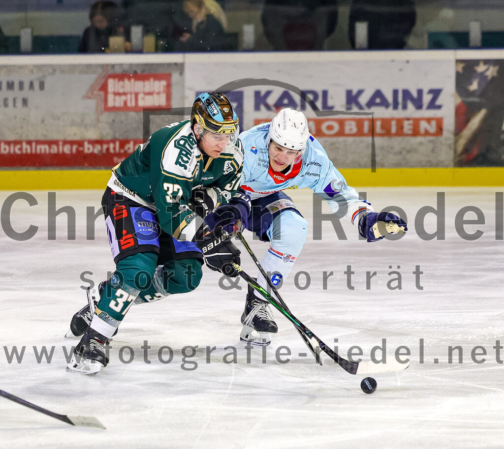 2025-12-23_104_TSV_Erding_gegen_Heilbronner_Falken | Erding, Deutschland, 23.12.2025:Eishockey, Oberliga Süd 2025 / 2026, 29. Spieltag, TSV Erding gegen Heilbronner Falken, Endergebnis: 5:4Thomas Matheson (Erding Gladiators, #37), Julian Schams (Heilbronner Falken, #6)Foto: Christian Riedel / fotografie-riedel.net