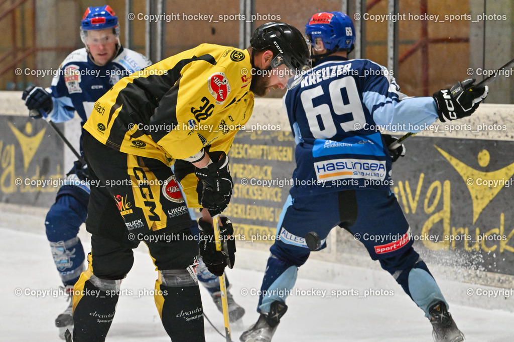 EC Hornets Spittal vs. ESC Steindorf 23.2.2024 | #38 Zorec Marco EC Hornets Spittal, #69 Kreuzer Philipp ESC Steindorf, EC Hornets Spittal vs. ESC Steindorf 23.2.2024, EC Hornets Spittal vs. ESC Steindorf 23.2.2024 am 23.02.2024 in Spittal an der Drau (Eissportzentrum Spittal), Austria, (Photo by Bernd Stefan)