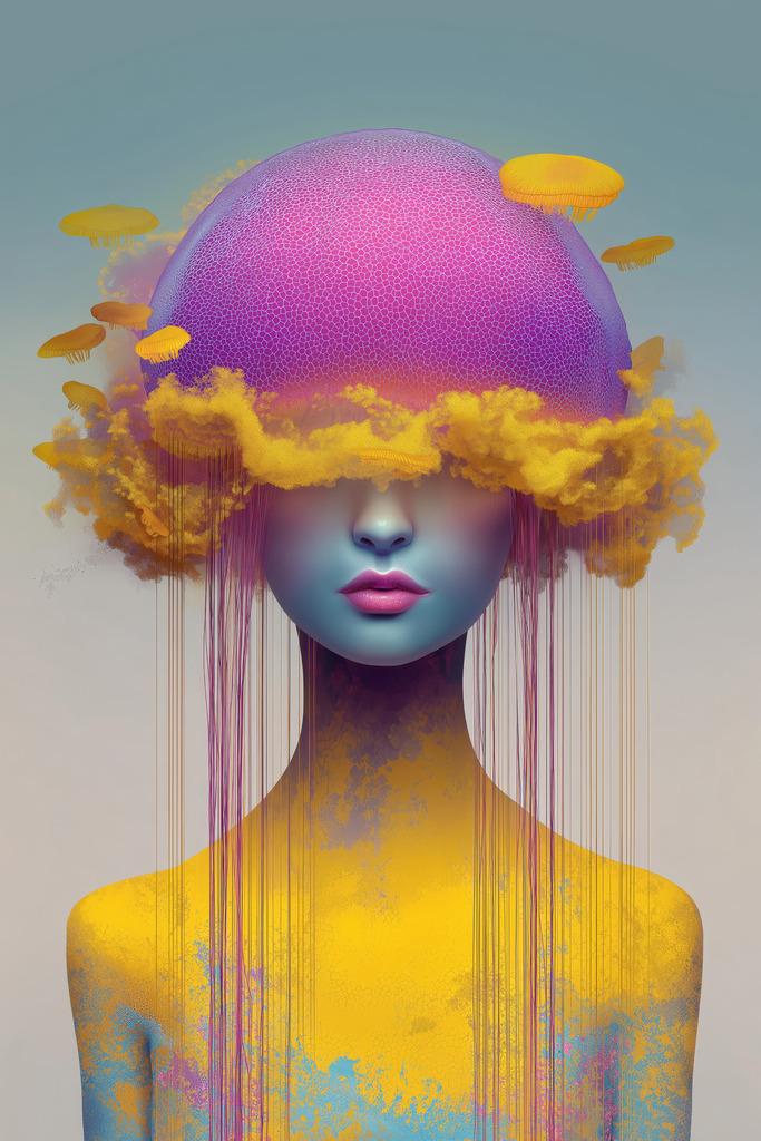 2602024 - Quallenfrau | Surreales Porträt einer Frau mit leuchtenden Quallen in Gelb und Violett.