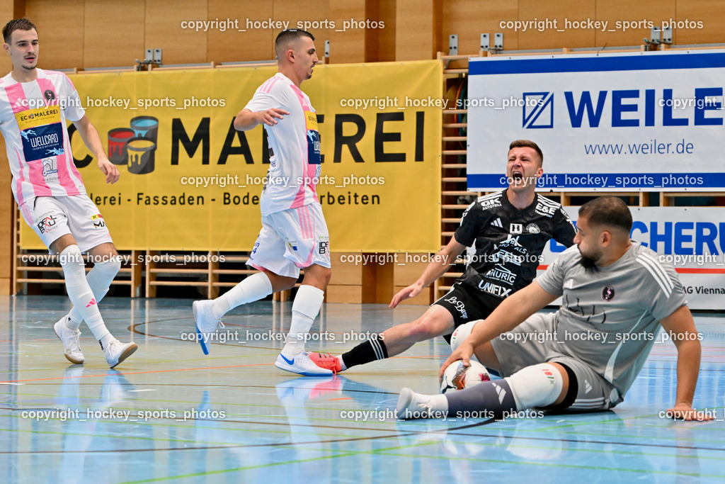 Carinthia Flamengo Futsal Club vs. FC Ljuti Krajisnici | #1 Youssef Helal Carinthia Flamengo, #11 Kenan Ramic FC Ljuti Krajisnici, #8 Amir Beganovic Carinthia Flamengo, #2 Faris Buljubasic Carinthia Flamengo, Carinthia Flamengo Futsal Club vs. FC Ljuti Krajisnici, Carinthia Flamengo Fusal Club vs. FC Ljuti Krajisnici am 12.10.2025 in Klagenfurt (Ballspielhalle Viktring), Austria, (Photo by Bernd Stefan)