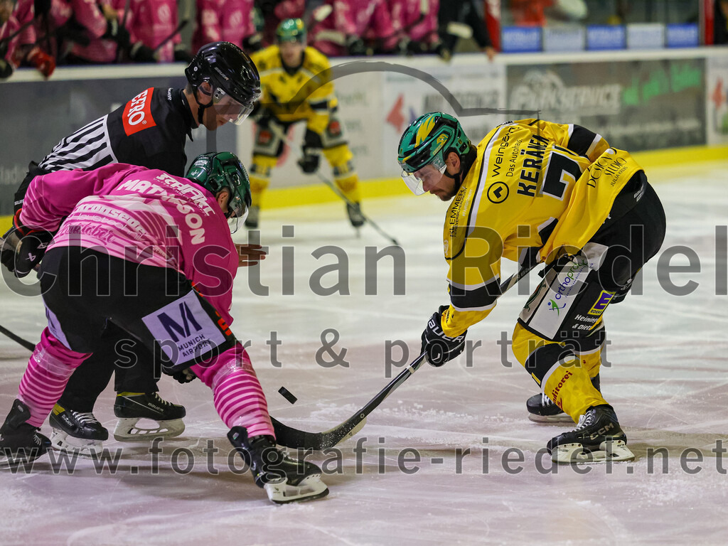 2025-10-28_022_TSV_Erding_gegen_Toelzer_Loewen | Erding, Deutschland, 28.10.2025:Eishockey, Oberliga Süd 2025 / 2026, 13. Spieltag, TSV Erding gegen Tölzer Löwen, Endergebnis: 2:5Thomas Matheson (Erding Gladiators, #37), Michael Keränen (Tölzer Löwen, #71)Foto: Christian Riedel / fotografie-riedel.net