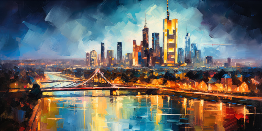 2307152 - Frankfurt bei Nacht | Digitales abstrakte Gemälde von Frankfurt mit leuchtenden Farben.
