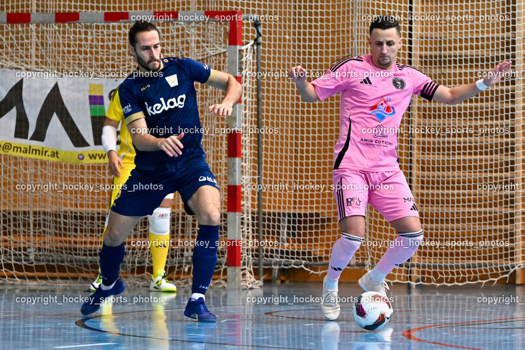 Carinthia Flamengo Futsal Club vs. Futsal Klagenfurt | #2 Nikola Jandric Futsal Klagenfurt, #7 Enes Brdjanovic Carinthia Flamengo, Carinthia Flamengo Futsal Club vs. Futsal Klagenfurt, Carinthia Flamengo Futsal Club vs. Futsal Klagenfurt am 01.12.2024 in Klagenfurt (Ballspielhalle Viktring), Austria, (Photo by Bernd Stefan)