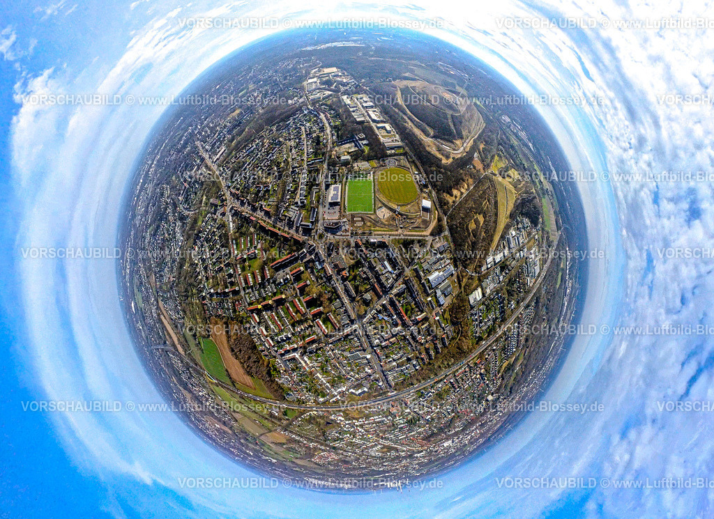 Gladbeck250291602-2 | Luftbild, City Innenstadtansicht, SportPark Mottbruch, Sportpark und Freizeitpark Brüsseler Straße, Sportplatz SuS Schwarz Blau Gladbeck, Erdkugel, Fisheye Aufnahme, Fischaugen Aufnahme, 360 Grad Aufnahme, tiny world, little planet, fisheye Bild, Gladbeck, Ruhrgebiet, Nordrhein-Westfalen, Deutschland