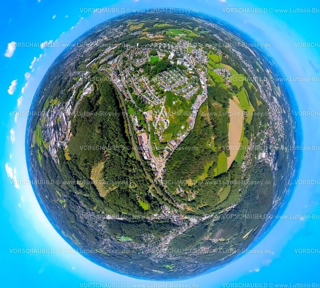 Ennepetal230890020 Buettenberg | Luftbild, Ortsansicht Ortsteil Büttenberg, Waldgebiet Zuckerberg, Erdkugel, Fisheye Aufnahme, Fischaugen Aufnahme, 360 Grad Aufnahme, Büttenberg, Ennepetal, Ruhrgebiet, Nordrhein-Westfalen, Deutschland