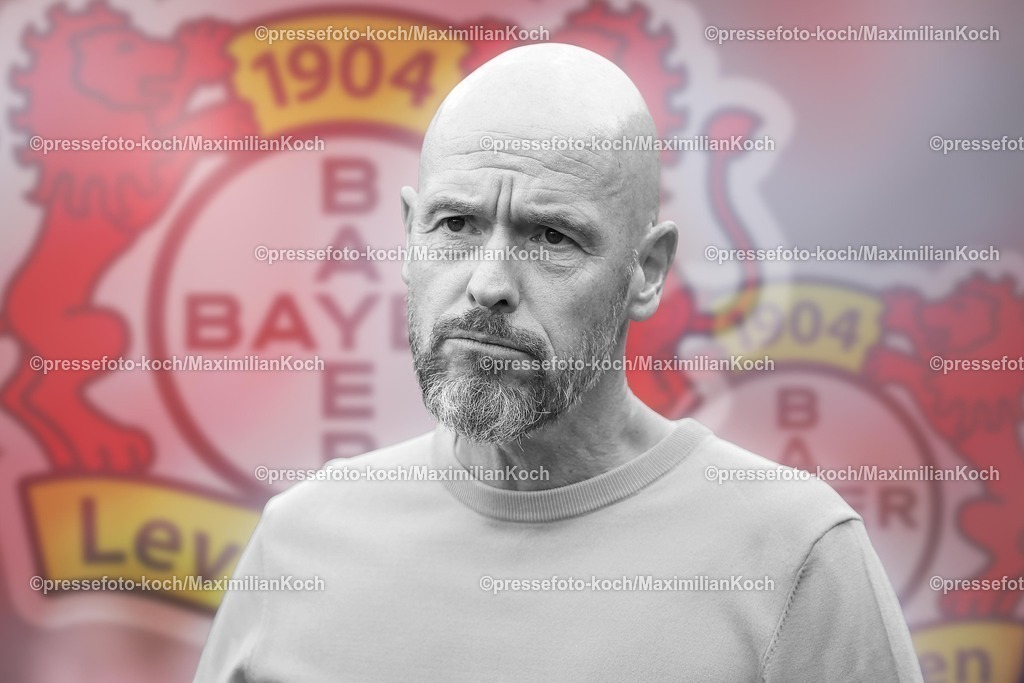 B0405082501205a | 01.09.2025, Fußball, Bayer 04 Leverkusen Entlassung von Cheftrainer Erik ten Hag - Der Bundesligist entässt den Trainer. Suche nach einem Neuen Trainer. Wer wird neuer Trainer bei Bayer Leverkusen? Trainer Portrait enttäuscht Enttäuschung . Fotomontage Trainer in Schwarz Weiss. Foto vom 05,.08.2025 DFB regulations prohibit any use of photographs as image sequences and or quasi-video.