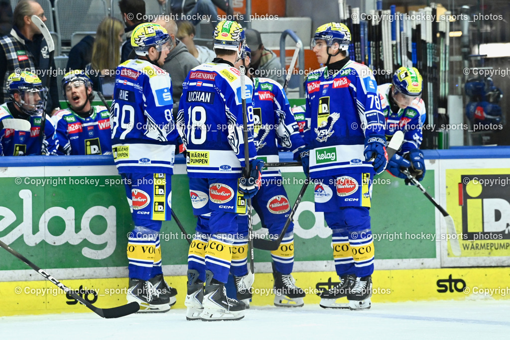 EC IDM WÄRMEPUMPEN VSV vs. FTC-TELEKOM JÉGKORONG | #89 Luca Erne EC VSV, #18 Nico Uschan EC VSV, #78 Felix Maxa EC VSV, EC IDM WÄRMEPUMPEN VSV vs. FTC-TELEKOM JÉGKORONG, EC IDM WÄRMEPUMPEN VSV vs. FTC-TELEKOM JÉGKORONG am 19.10.2025 in Villach (Stadthalle Villach), Austria, (Photo by Bernd Stefan)