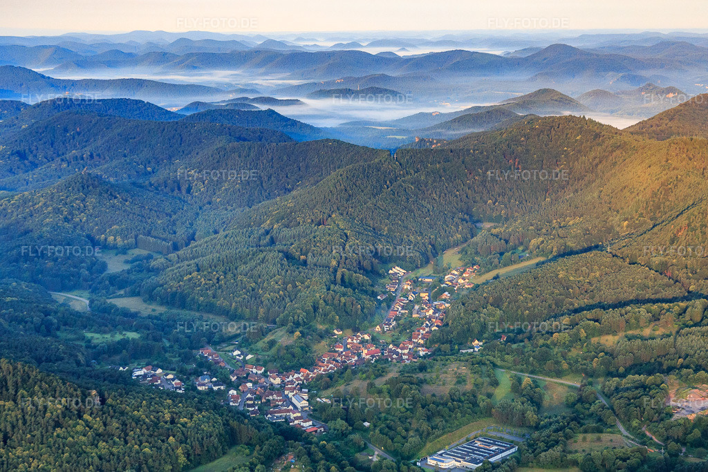 Luftbild: Dorfansicht im Pfälzerwald am Morgen aus Nordosten in Schwanheim im Bundesland Rheinland-Pfalz in Deutschland. Foto: IMG_091861.jpg vom 16.07.2016 durch Werner Riehm/FLY-FOTO.de
