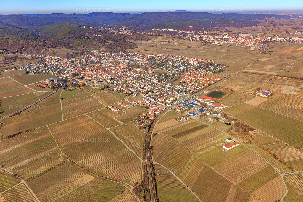 Luftbild: Winzerdorfansicht aus Südosten im Winter ohne Schnee in Wachenheim an der Weinstraße im Bundesland Rheinland-Pfalz in Deutschland. Foto: IMG_112801.jpg vom 27.02.2019 durch Werner Riehm/FLY-FOTO.de