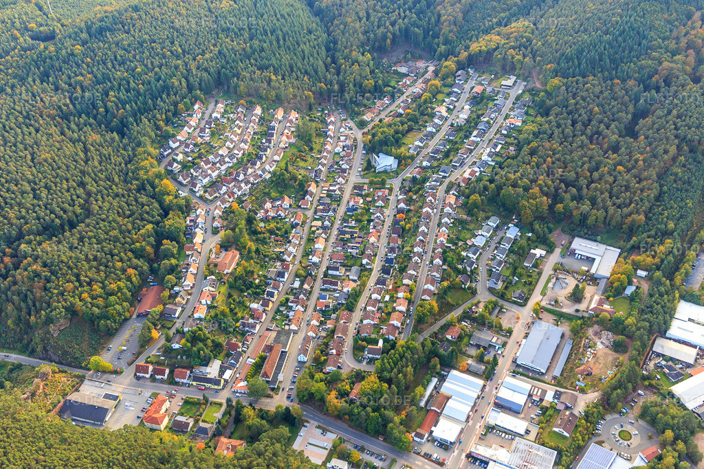 Luftbild: Wohnsiedlung am Wald von Auf dem Kamm bis Am Zimmerberg in Hauenstein im Bundesland Rheinland-Pfalz in Deutschland. Foto: IMG_103791.jpg vom 01.10.2017 durch Werner Riehm/FLY-FOTO.de