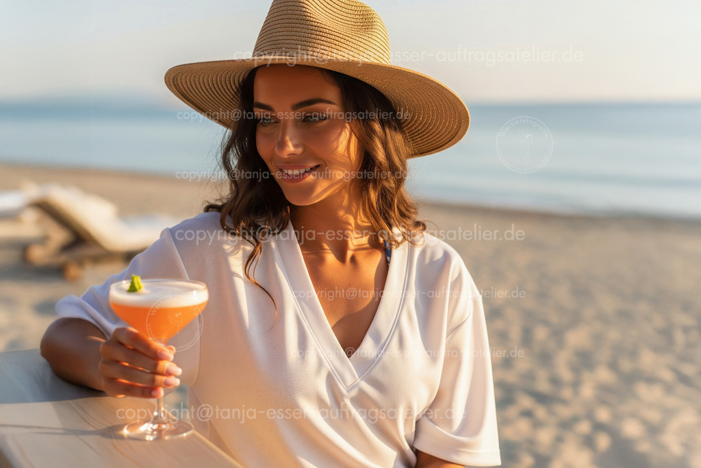 Frau an Strand Bar | Junge Frau mit brünettem langen Haar sitzt an einer Strand Bar und trinkt einen Cocktail. Es ist sonnig und warm. Sie trägt einen Sonnenhut und ein Strandkleid über ihrem Bikini. Regenerative KI.