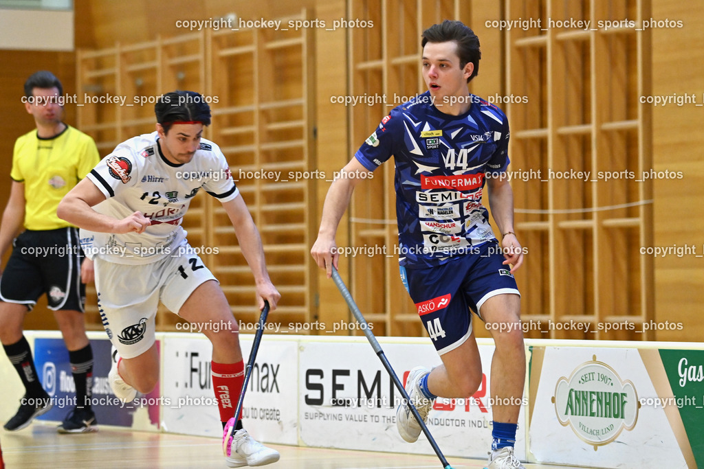 VSV Unihockey vs. KAC Floorball | #44 Luca Widnig VSV Unihockey, #12 Nikita Münch KAC Floorball, VSV Unihockey vs. KAC Floorball, VSV Unihockey vs. KAC Floorball am 28.03.2026 in Villach (Ballspielhalle St. Martin), Austria, (Photo by Bernd Stefan)