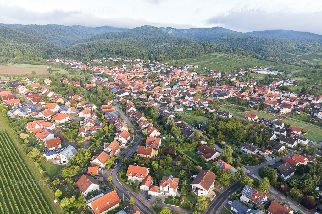 Luftbild: Ortsansicht der Straßen und Häuser der Wohngebiete in Oberotterbach im Bundesland Rheinland-Pfalz in Deutschland. Foto: IMG_103278.jpg vom 10.09.2017 durch Werner Riehm/FLY-FOTO.de