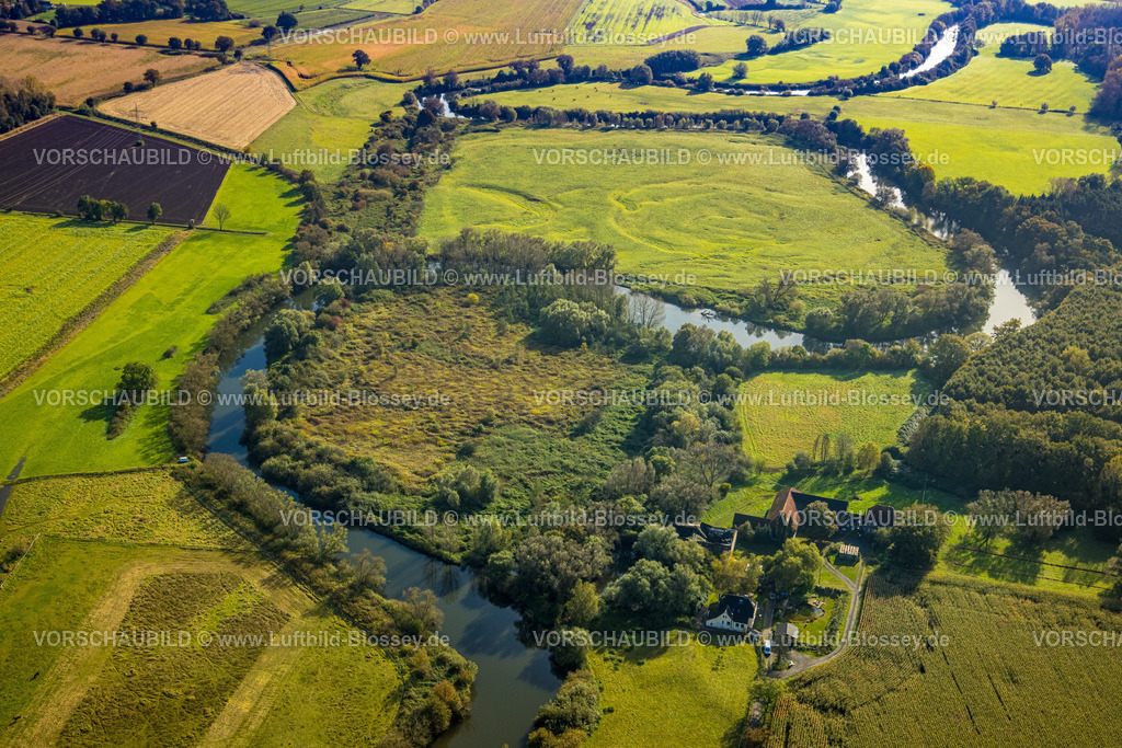 Luenen241011887 | Luftbild, Fluss Lippe Mäander, Lippeaue Wiesen und Felder, Haus Horst Kommende, Lippe, Waltrop, Ruhrgebiet, Nordrhein-Westfalen, Deutschland