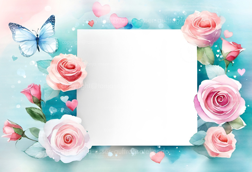 Wunderschöner Aquarell Hintergrund mit Rosen und Schmetterlingen. Weißes Quadrat bietet Copy Space. | Wunderschöner Aquarell Hintergrund mit Rosen und Schmetterlingen. Ein weißes Quadrat bietet Copy Space. Es ist umrandet mit frühlingshaften Elementen in pink und türkis. Leinwandstruktur bei 100 Prozent Zoom.