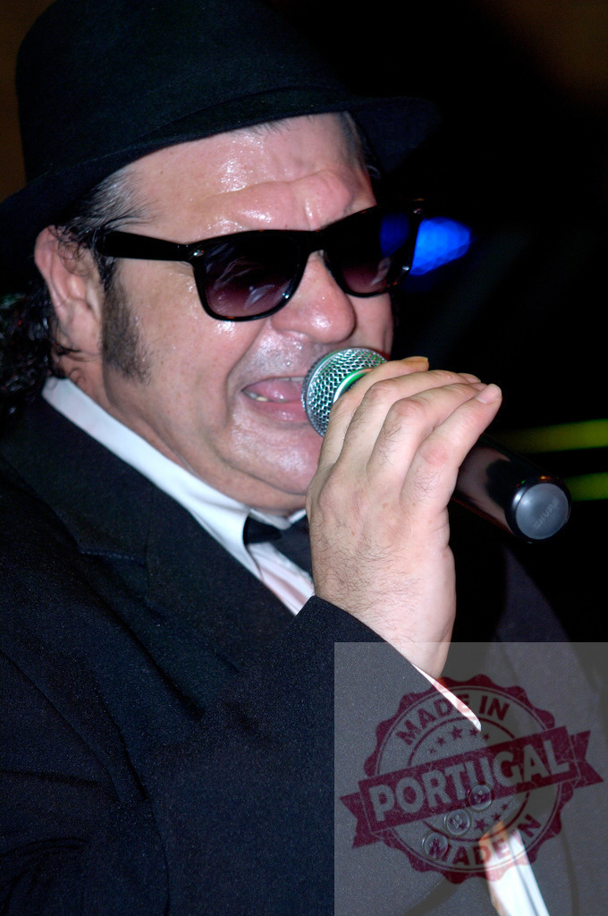Musician performing live, wearing fedora and sunglasses | Musician singing into microphone while performing live on stage - Realized with Pictrs.com