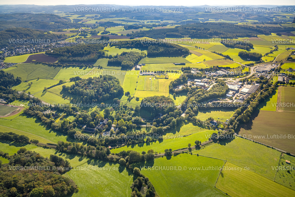 Balve230907886 | Luftbild, Gewerbegebiet Am Pickhammer, Walzenmühle Stüeken - Gransau, Mühlenteich im Waldgebiet, Garbecker Hammer, Garbeck, Balve, Sauerland, Nordrhein-Westfalen, Deutschland