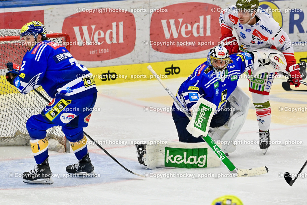EC VSV vs. HC Bozen 16.2.2024 | #2 MACPHERSON Dylan, #1 1 Jean-Philippe Lamoureux, #88 Alberga Domenico, EC VSV vs. HC Bozen 16.2.2024, EC VSV vs. HC Bozen 16.2.2024 am 16.02.2024 in Villach (Stadthalle Villach), Austria, (Photo by Bernd Stefan)