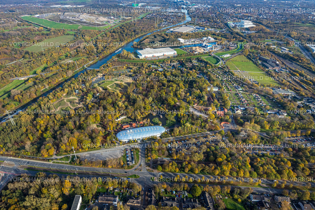 Gelsenkirchen221101763suedlich | Luftbild, ZOOM Erlebniswelt Zoo, Eventlocation Ryokan, zigarrenförmige Halle mit Tropenparadies, Hafen Grimberg, Rhein-Herne-Kanal, Herbstwald, Bismarck, Gelsenkirchen, Ruhrgebiet, Nordrhein-Westfalen, Deutschland
