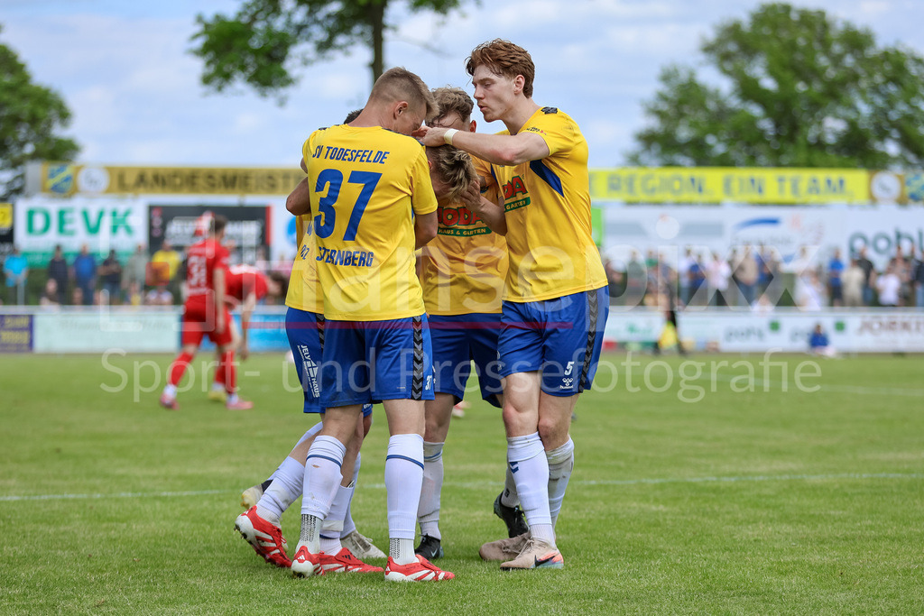 Fussball, Aufstiegsrunde Regionalliga Nord, SV Todesfelde - Blumenthaler SV | Spieler von SV Todesfelde mit Torjubel, Jubel, jubeln, jubelt, optimistisch, Spielszene, Highlight, Freude über das Tor zum 2:0