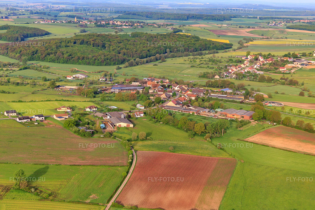 Vue aérienne: Vue de la ville depuis l'est à Hinsingen dans le département Bas Rhin, France – .Photo: IMG_140573.jpg prise le 01/05/2024 par Werner Riehm/FLY-FOTO.eu – Résolution de l'original: 5472 x 3648 px