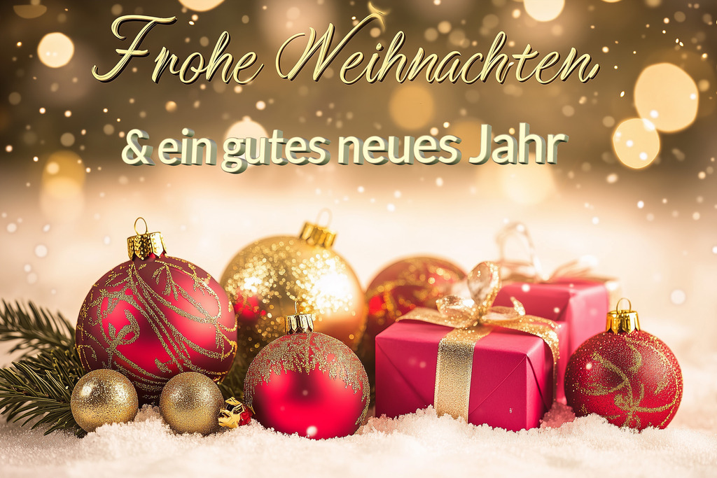 Frohe Weihnachten & ein gutes neues Jahr | Weihnachts- und Neujahrsgrüße: Weihnachtsdekoration mit dem Text "Frohe Weihnachten &amp; ein gutes neues Jahr" - Realisiert mit Pictrs.com