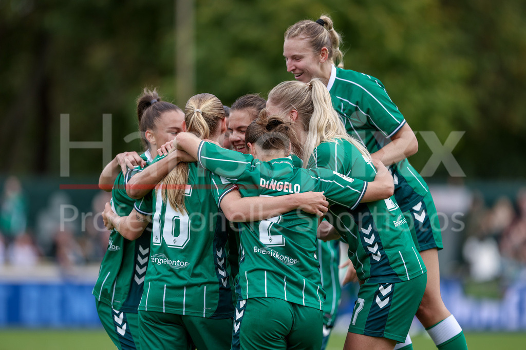 Fussball, Google Pixel Frauen-Bundesliga, SV Werder Bremen - TSG 1899 Hoffenheim | Spielerinnen des SV Werder Bremen mit Torjubel, Jubel, jubeln, jubelt, optimistisch, Spielszene, Highlight, Freude über das Tor zum 2:1, DIE DFB-RICHTLINIEN UNTERSAGEN JEGLICHE NUTZUNG VON FOTOS ALS SEQUENZBILDER UND/ODER VIDEOÄHNLICHE FOTOSTRECKEN. DFB REGULATIONS PROHIBIT ANY USE OF PHOTOGRAPHS AS IMAGE SEQUENCES AND/OR QUASI-VIDEO.