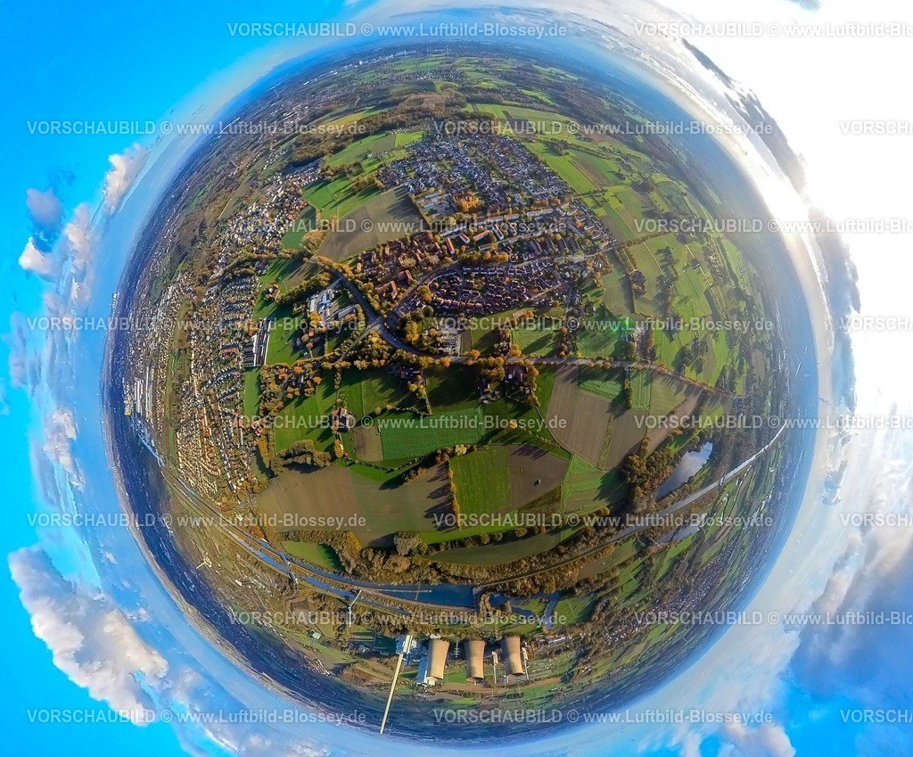 Hamm231190069HerringenHerringerHeide-topaz | Luftbild, Ortsansicht Wohngebiet Herringer Heide Wiesen und Felder mit herbstlichen Laubbäumen, RWE Generation SE Kraftwerk Gersteinwerk, Erdkugel, Fisheye Aufnahme, Fischaugen Aufnahme, 360 Grad Aufnahme, tiny world, little planet, fisheye Bild, Stadtbezirk Herringen, Hamm, Ruhrgebiet, Nordrhein-Westfalen, Deutschland