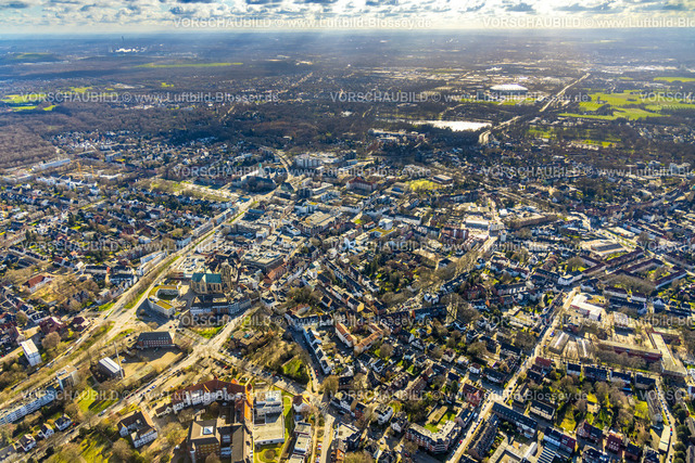 Gelsenkirchen230211175 | Luftbild, Ortsansicht, City mit Rathaus und Probsteikirche St. Urbanus, Goldbergpark, Buer, Gelsenkirchen, Ruhrgebiet, Nordrhein-Westfalen, Deutschland