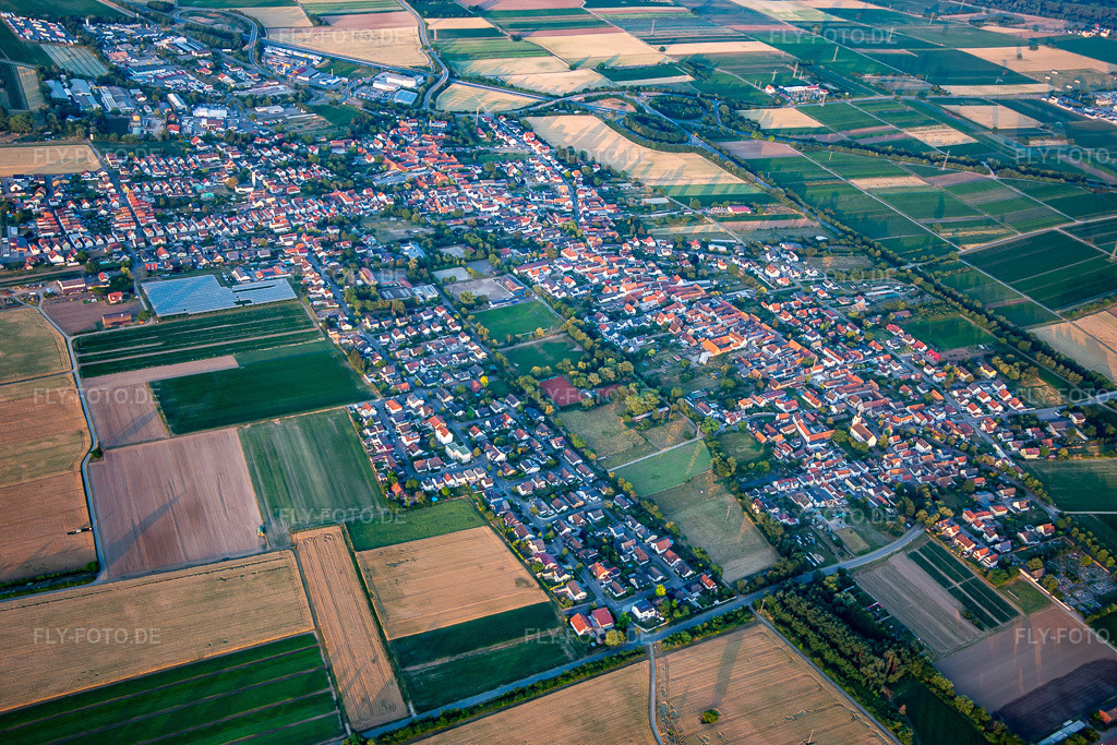 Luftbild: Ortsansicht von Westen in Schwegenheim im Bundesland Rheinland-Pfalz in Deutschland. Foto: IMG_137258.jpg vom 24.06.2023 durch Werner Riehm/FLY-FOTO.de