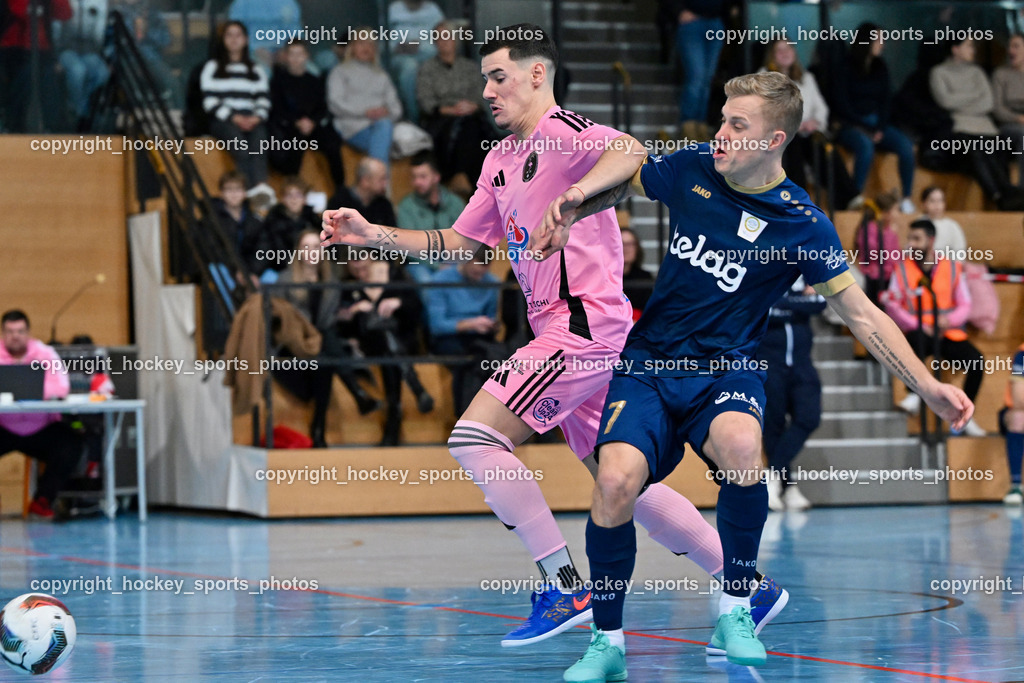 Carinthia Flamengo Futsal Club vs. Futsal Klagenfurt | #70 Armin Kahvedzic Carinthia Flamengo,  #7 Irnes Skoric Futsal Klagenfurt, Carinthia Flamengo Futsal Club vs. Futsal Klagenfurt, Carinthia Flamengo Futsal Club vs. Futsal Klagenfurt am 01.12.2024 in Klagenfurt (Ballspielhalle Viktring), Austria, (Photo by Bernd Stefan)